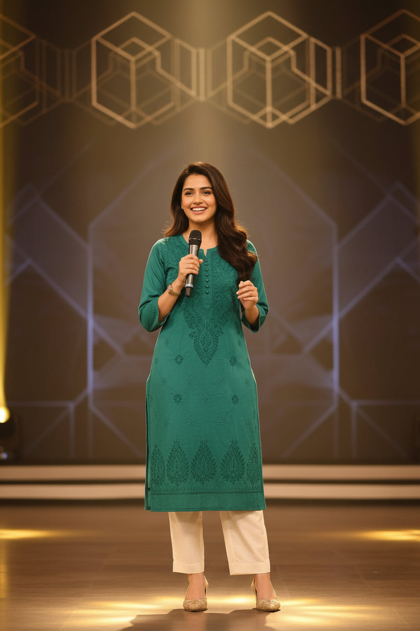 Green  Cotton Chikankari Kurta