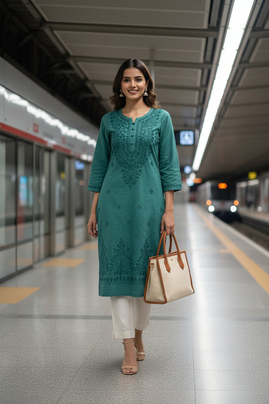 Green  Cotton Chikankari Kurta