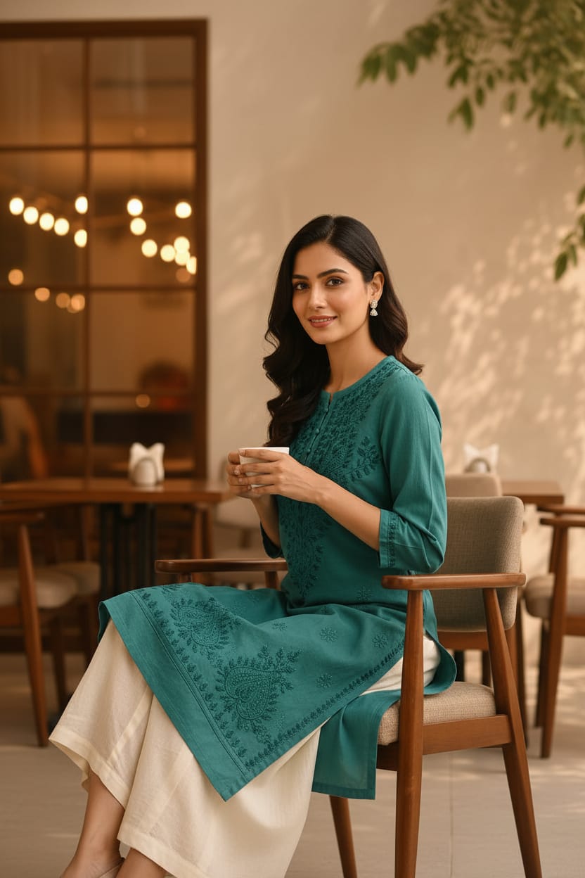 Green  Cotton Chikankari Kurta