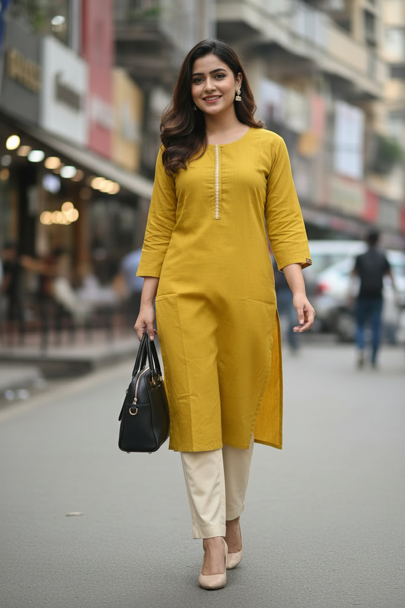 Yellow Solid Cotton Flex Kurta