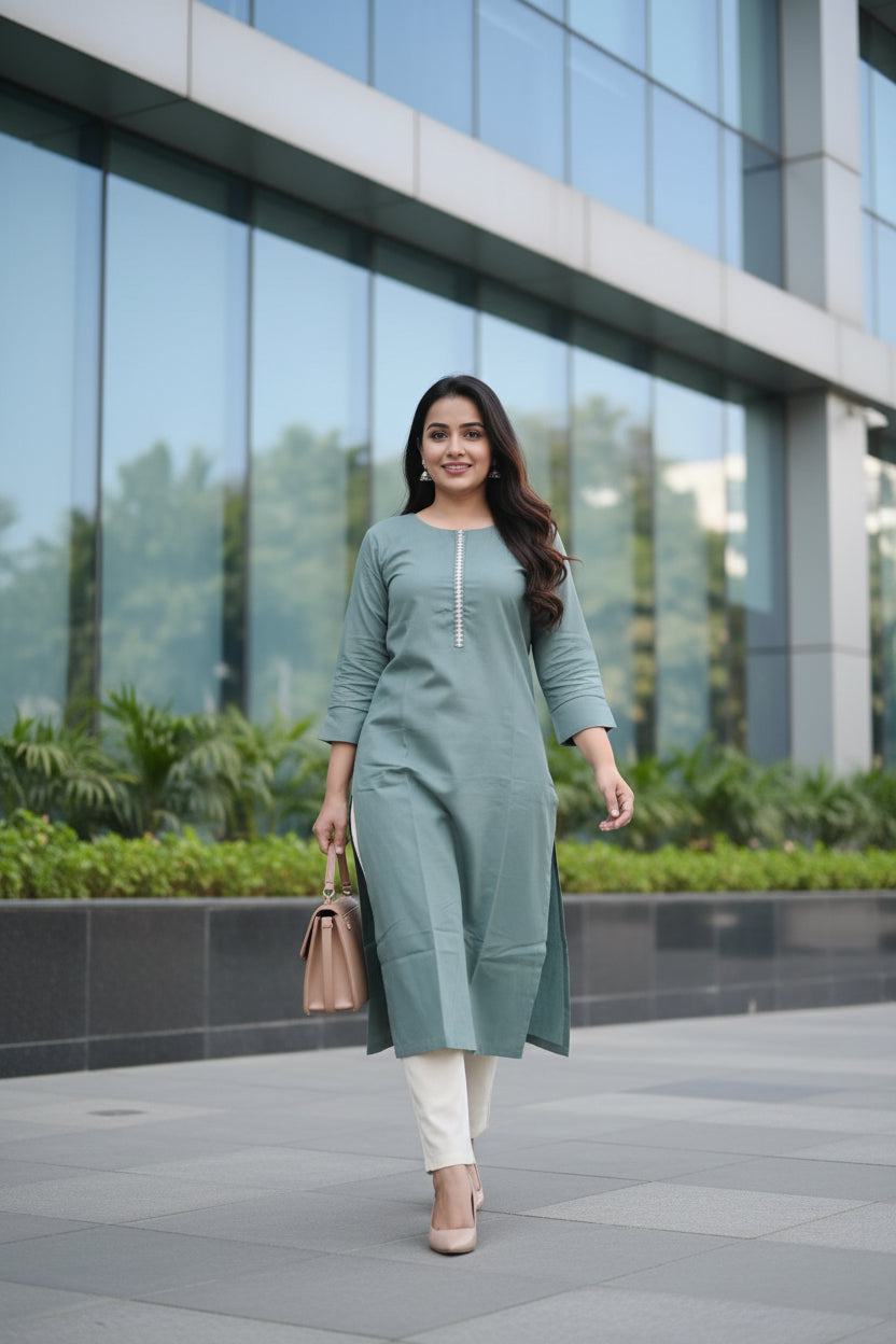 Pista Green Solid Cotton Flex Kurta