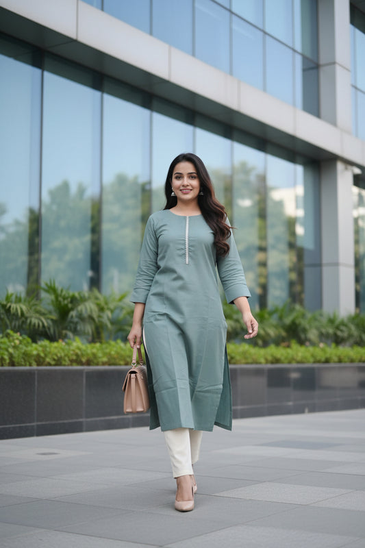 Pista Green Solid Cotton Flex Kurta