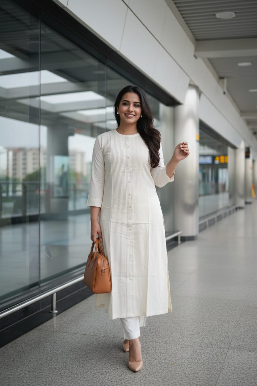 Cream Solid Rayon  Kurta