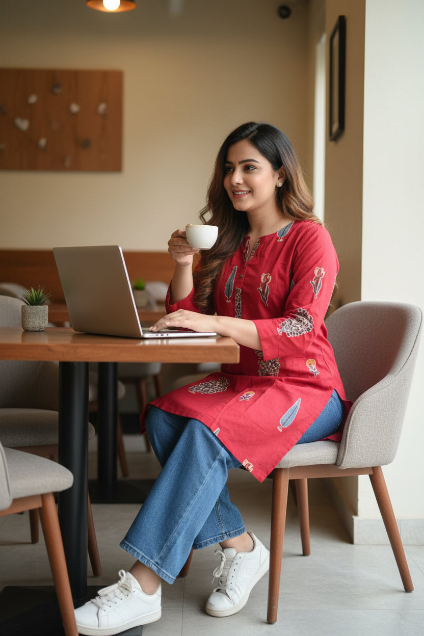 Red Printed Novy Short Kurta