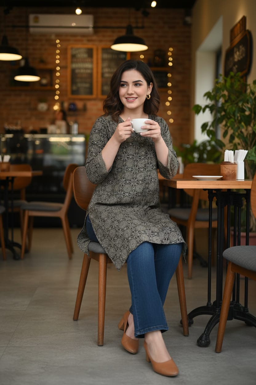 Brown Floral Novy Short Kurta