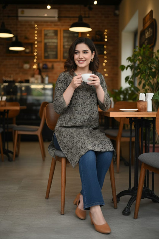 Brown Floral Novy Short Kurta