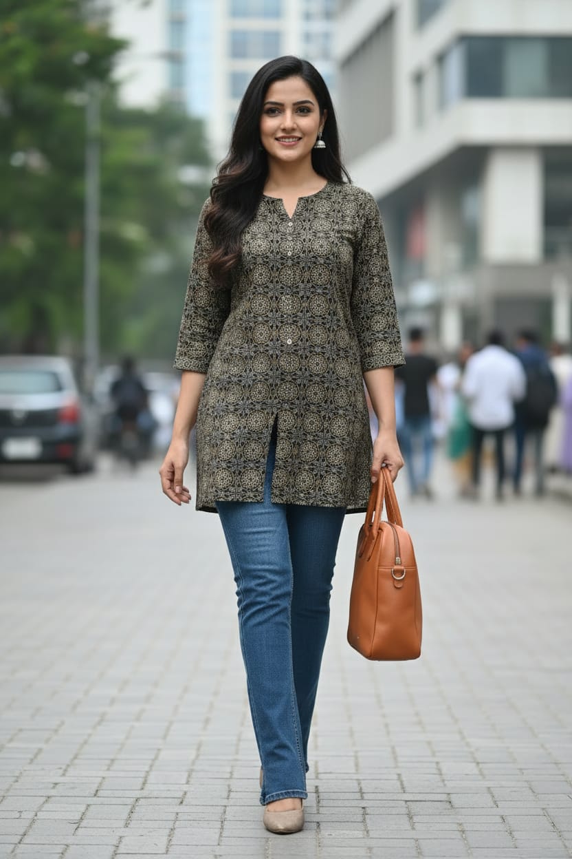 Brown Floral Novy Short Kurta