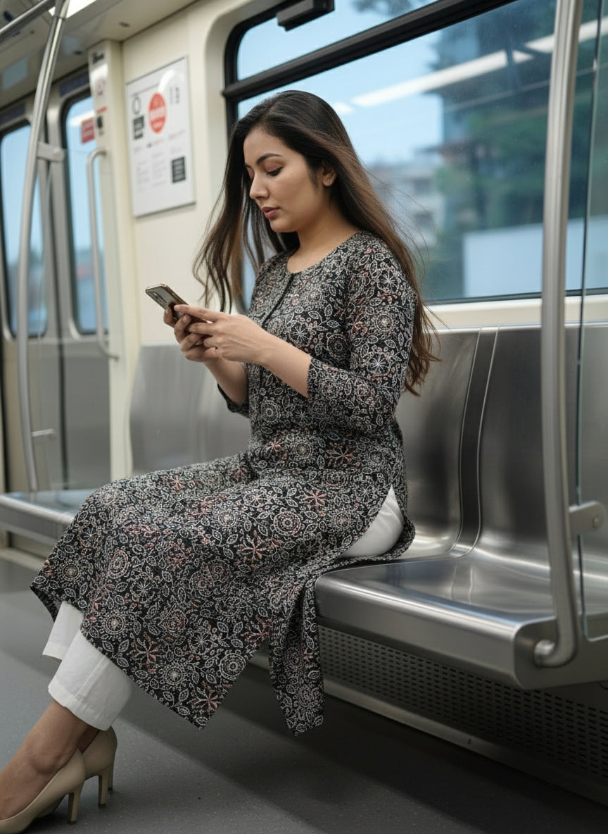 Black Ajrak Print Kurta