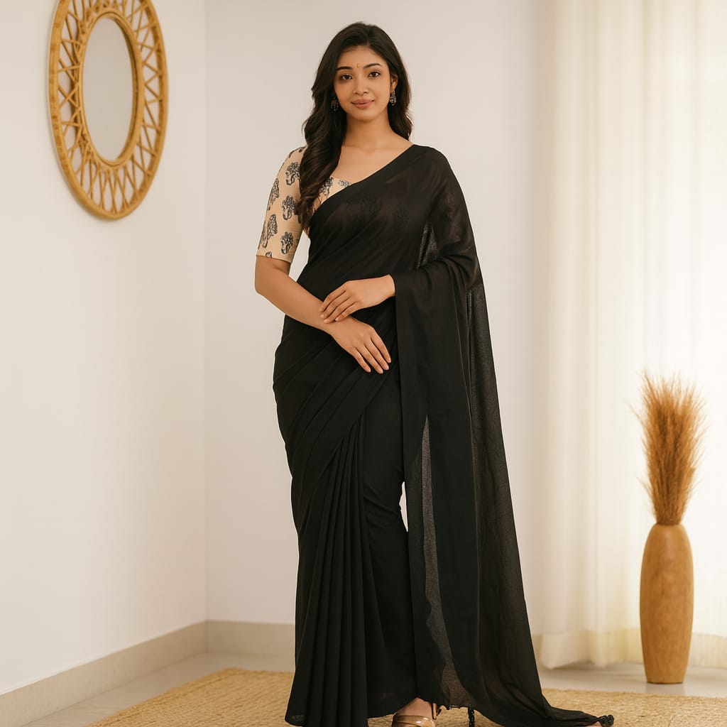 Solid Black Cotton Saree