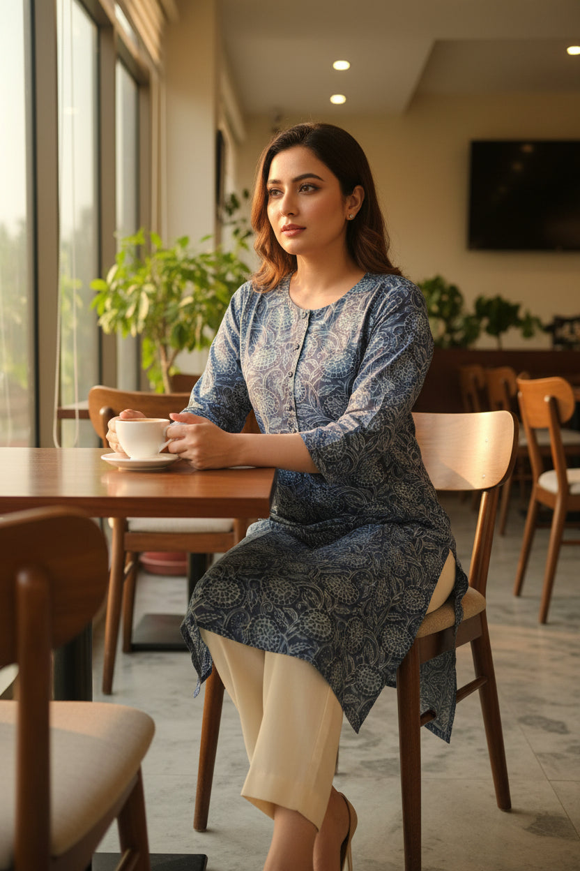 Blue Floral Printed Kurta