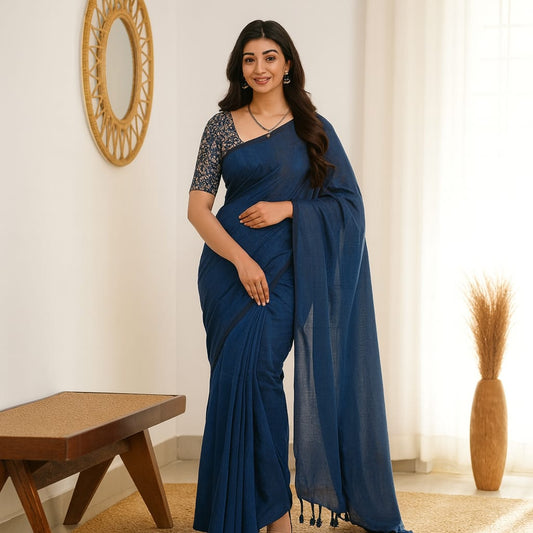 Solid Blue Cotton Saree