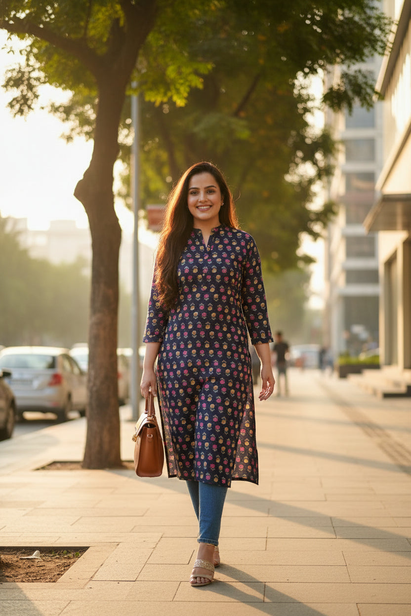 Blue Floral Block Print Kurta