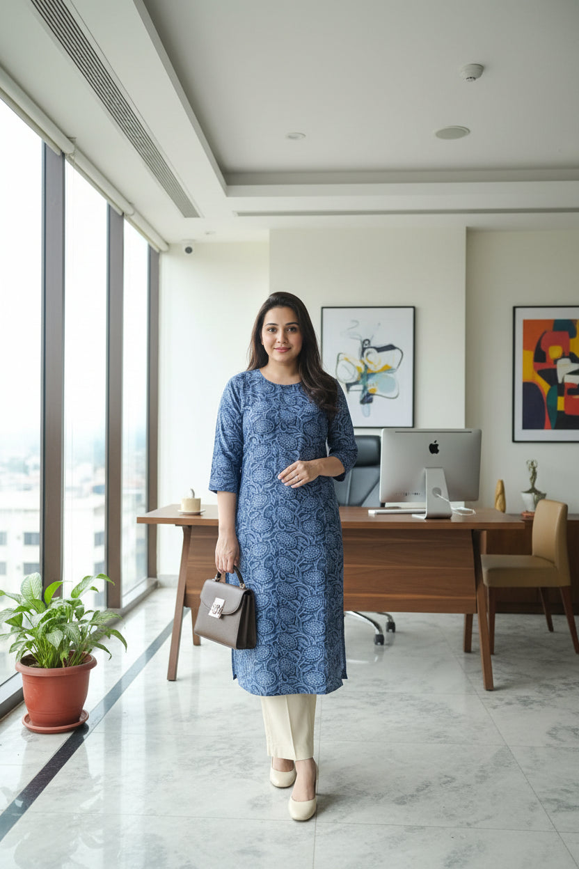Blue Floral Printed Kurta