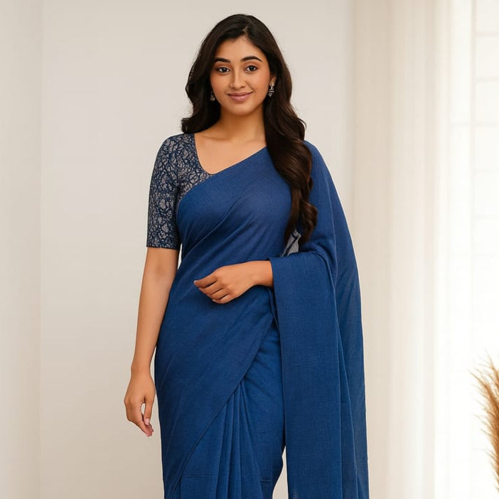 Solid Blue Cotton Saree