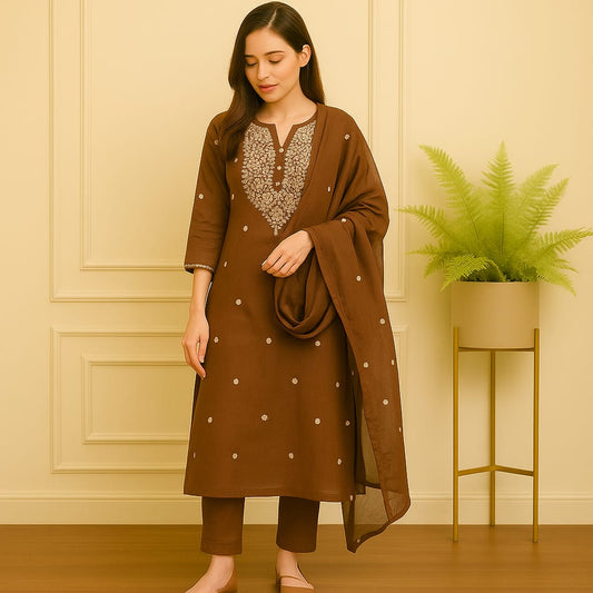 Brown Embroided Kurta set