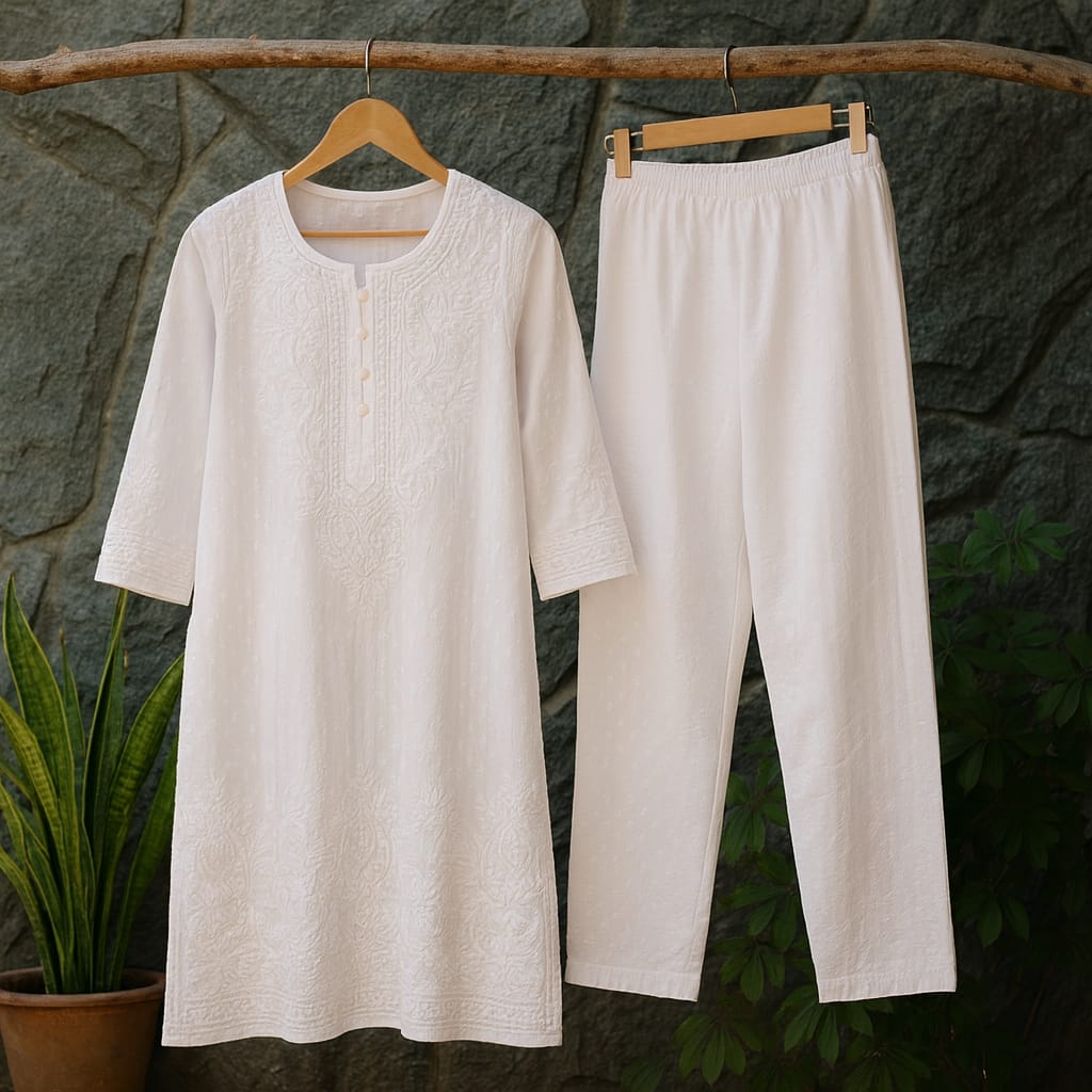 White Dobby Chikankari Coord Set