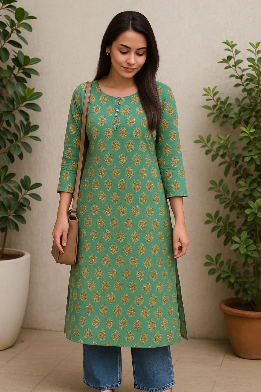 Green Block Print Kurta