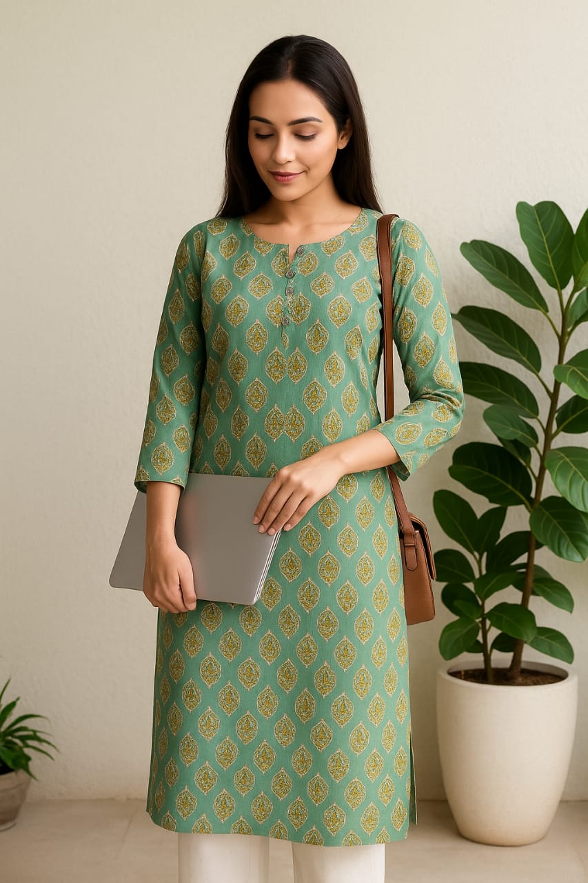 Green Block Print Kurta