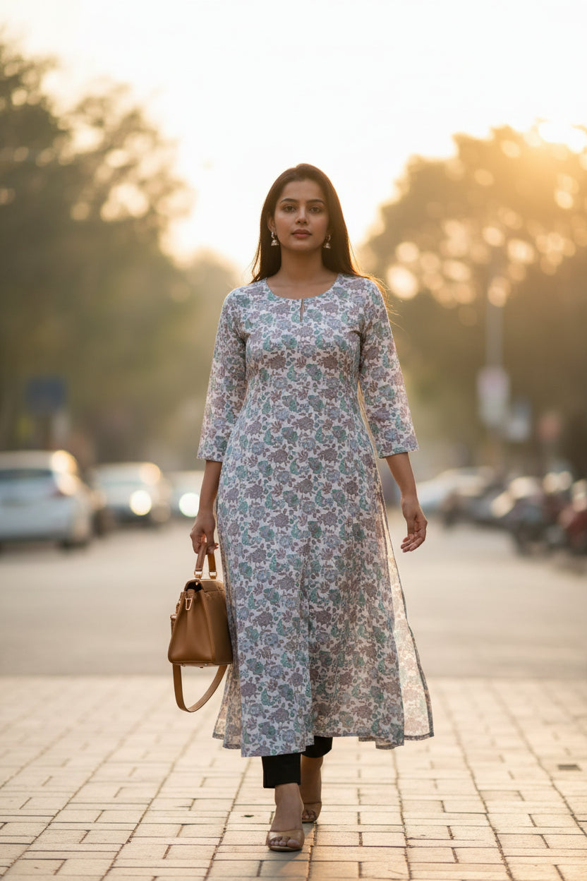 Rama Green Floral Pashmina Winter Kurta