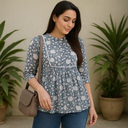 Grey Gattered Tunic Top