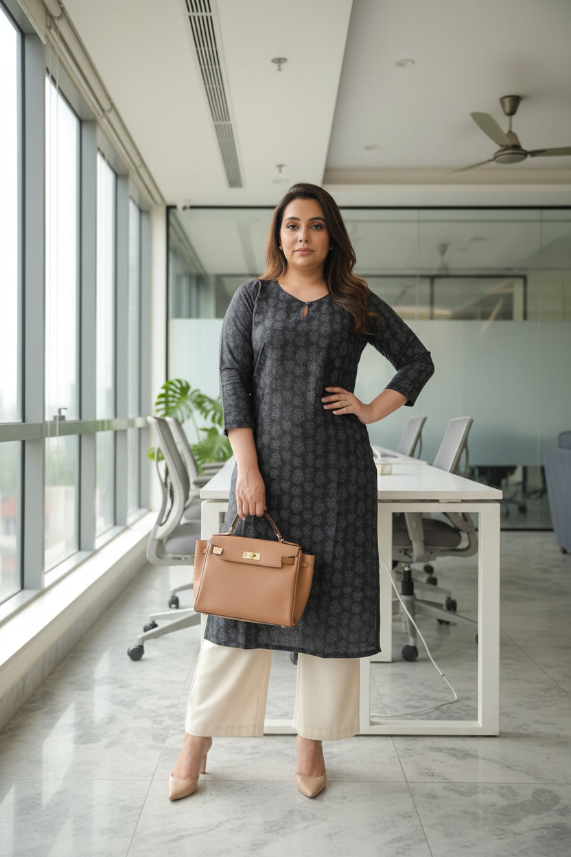 Grey Self Print Kurta