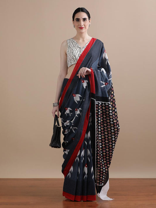 Grey Block Print Cotton Saree