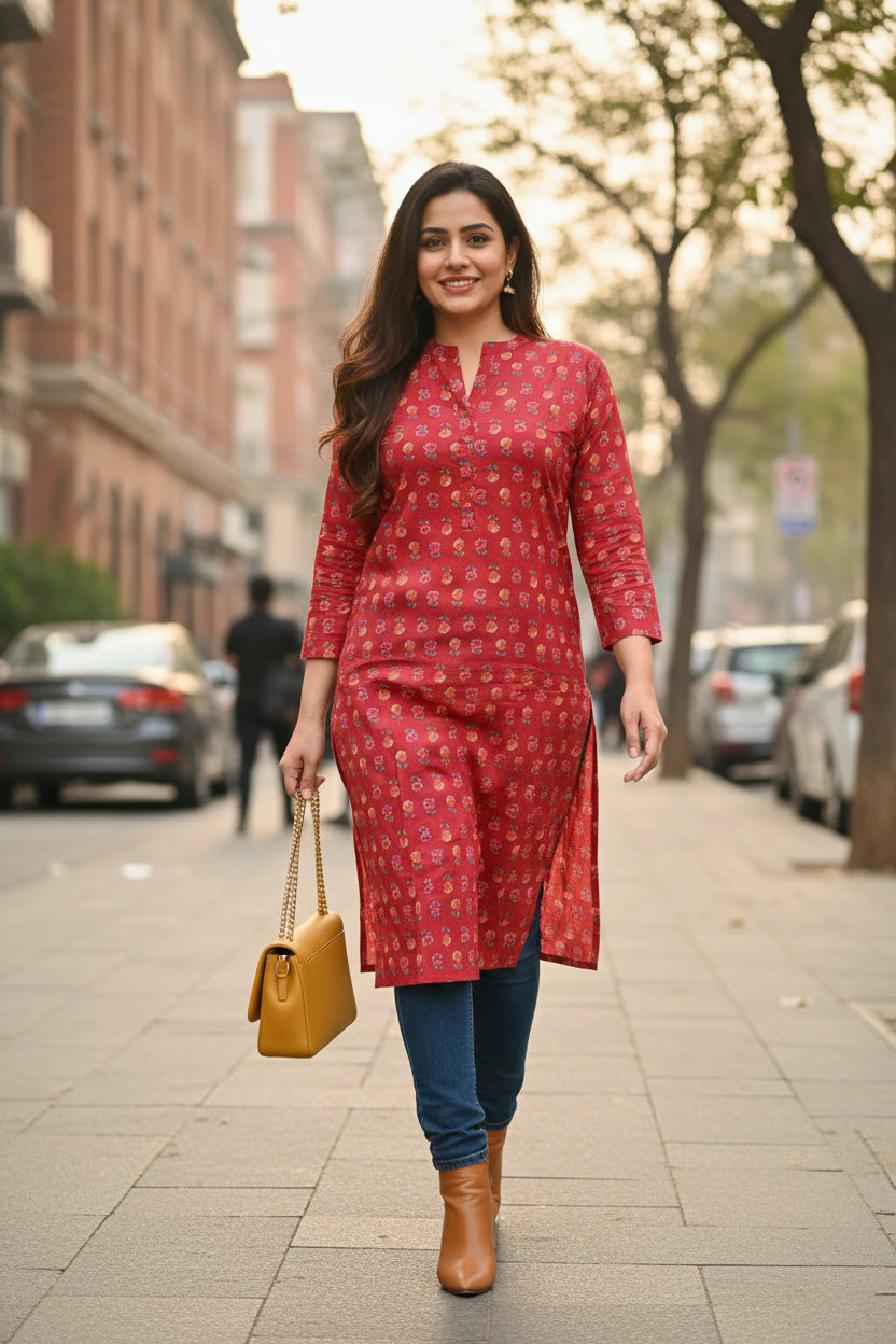 Maroon Floral Block Print Kurta