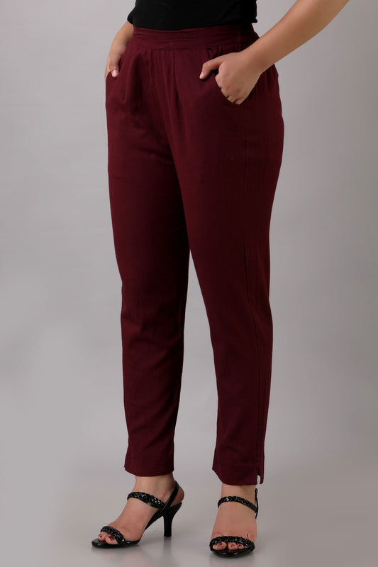 Maroon Cotton  Straight Pant
