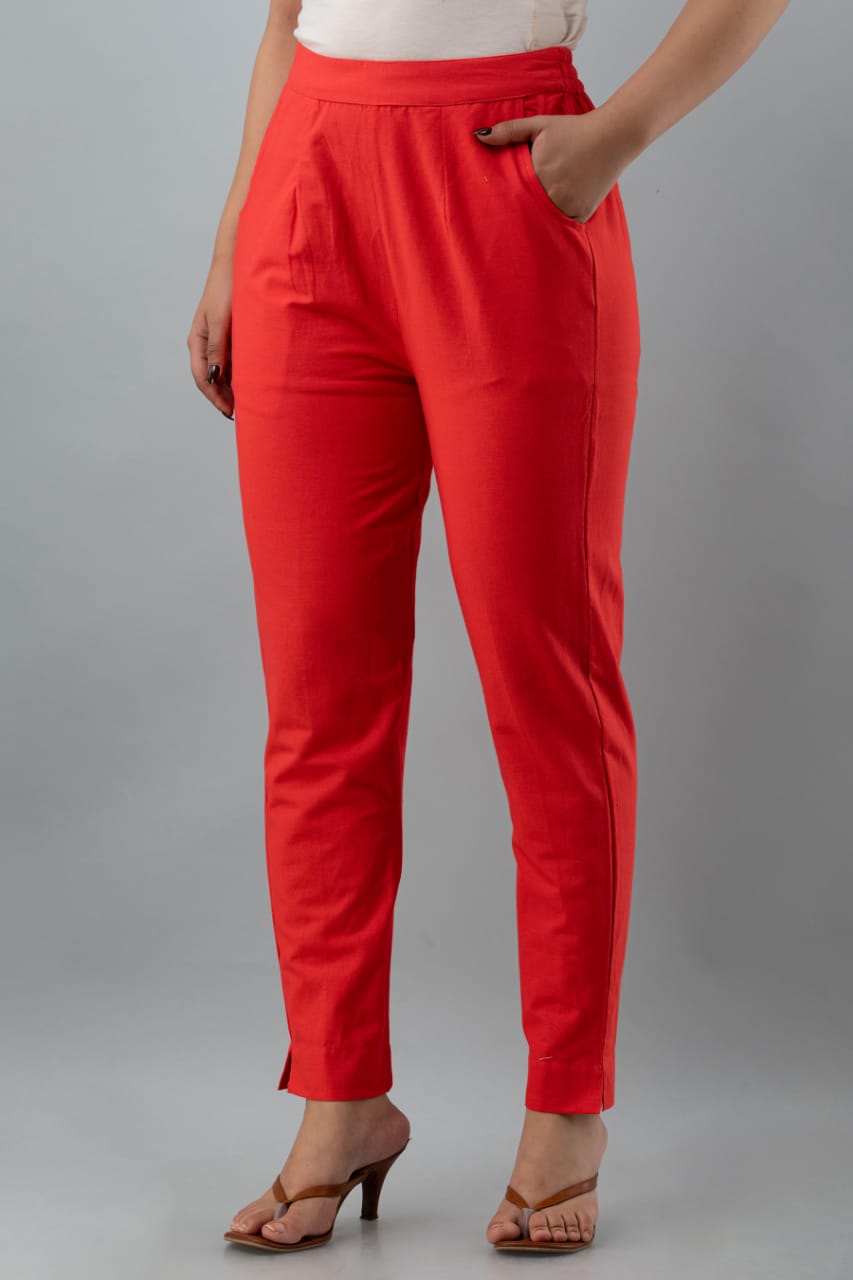 Red Cotton Straight Pant