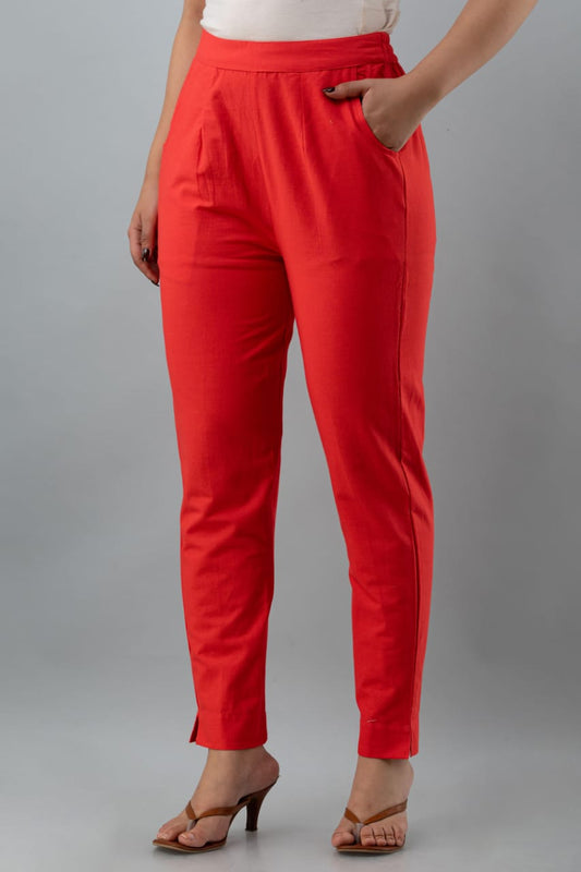 Red Cotton Straight Pant