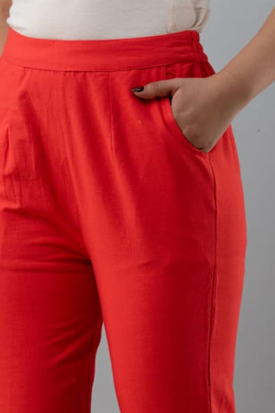 Red Cotton Straight Pant