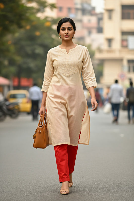 Red Cotton Straight Pant