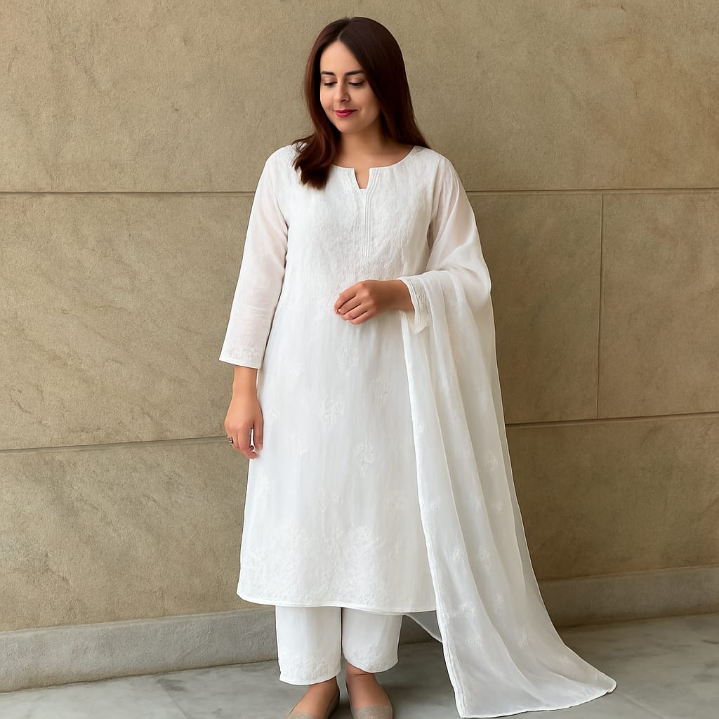 White Rayon Chikankari Kurta set
