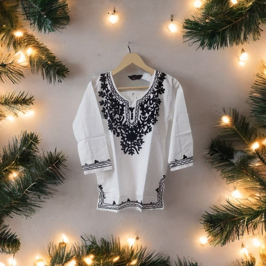 White Solid Embroided Tunic Top
