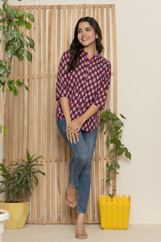 Wine Floral Texo Tunic Top
