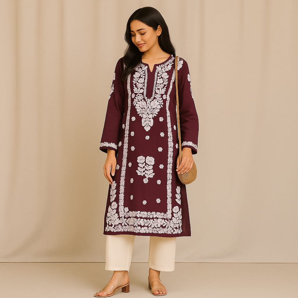 Wine Premium Modal Chikankari Kurta
