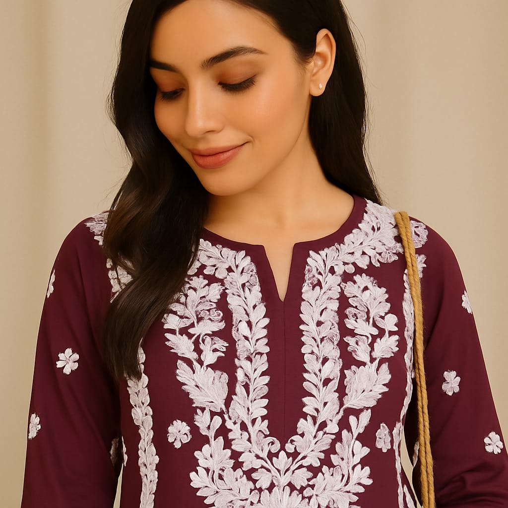 Wine Premium Modal Chikankari Kurta