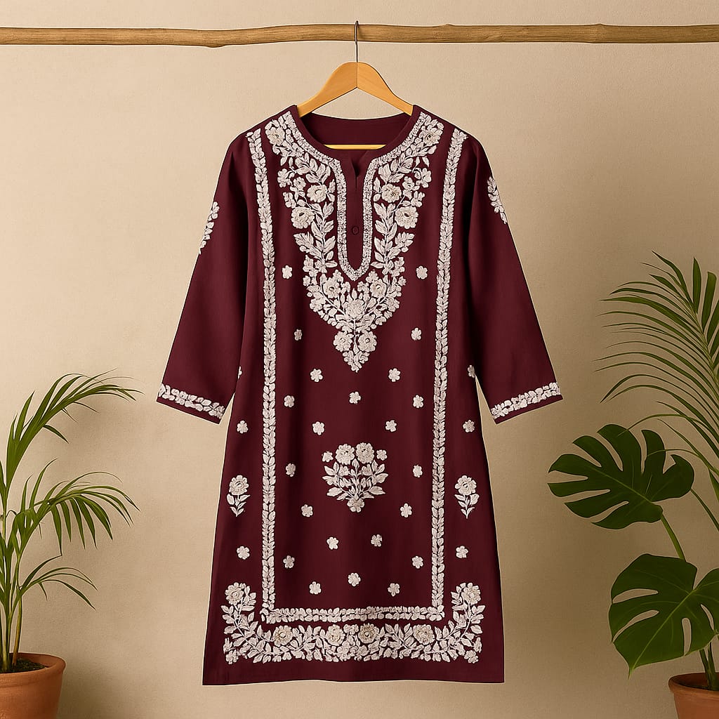 Wine Premium Modal Chikankari Kurta