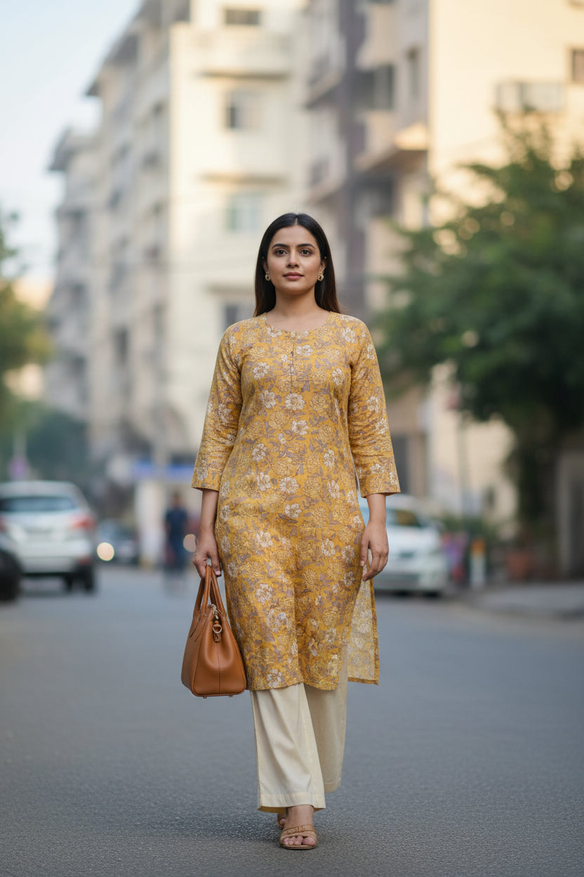 Yellow Floral Printed Kurta