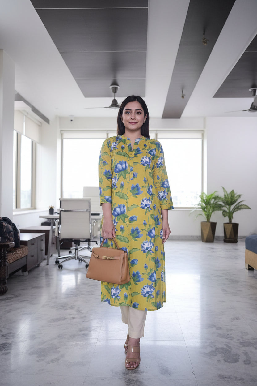 Yellow Lotus Print Kurta