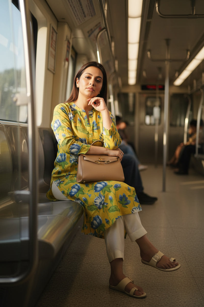 Yellow Lotus Print Kurta