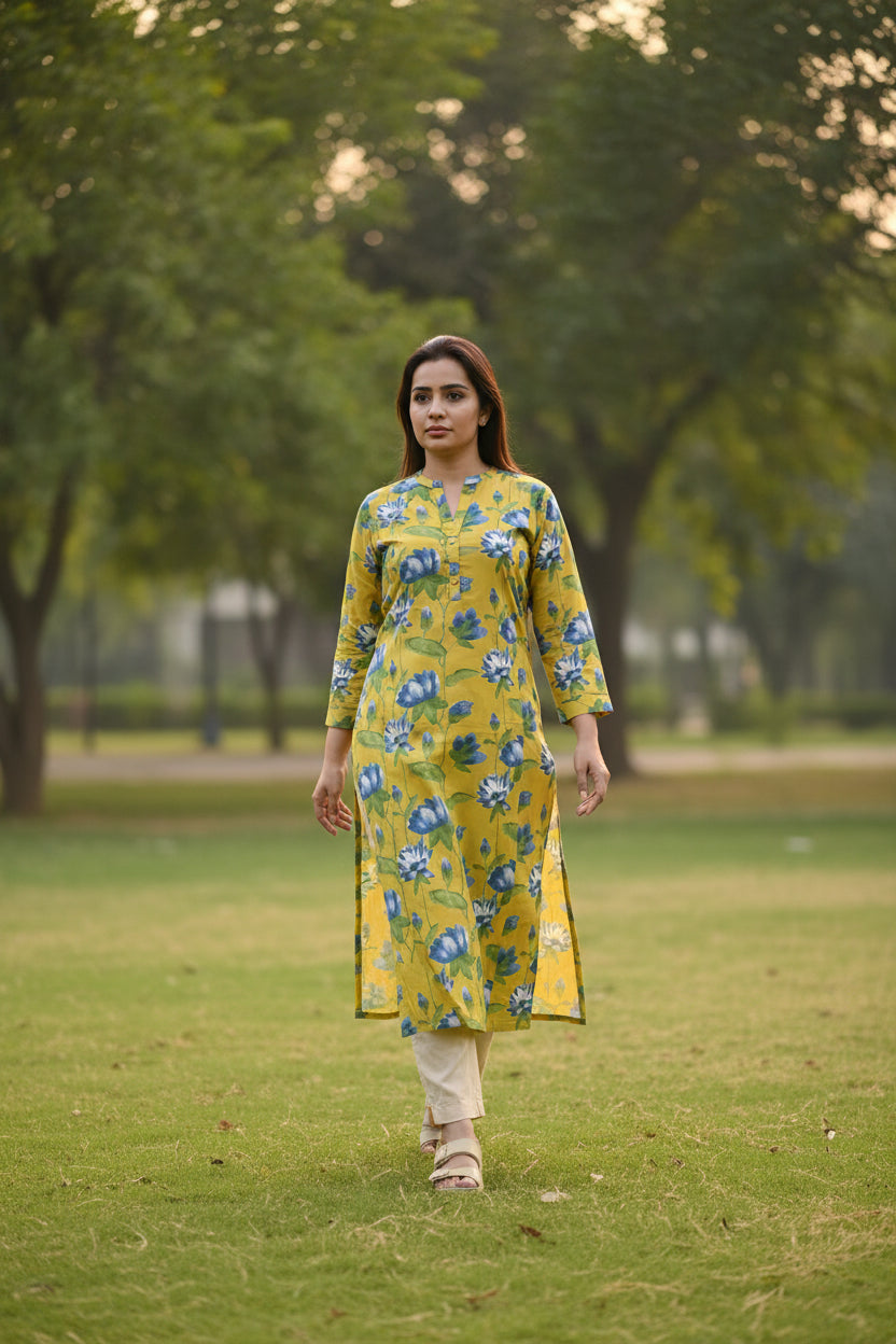 Yellow Lotus Print Kurta