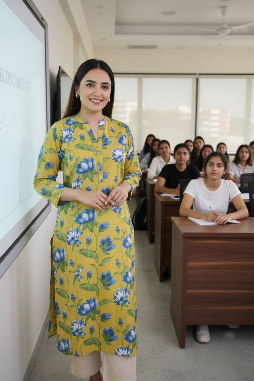 Yellow Lotus Print Kurta