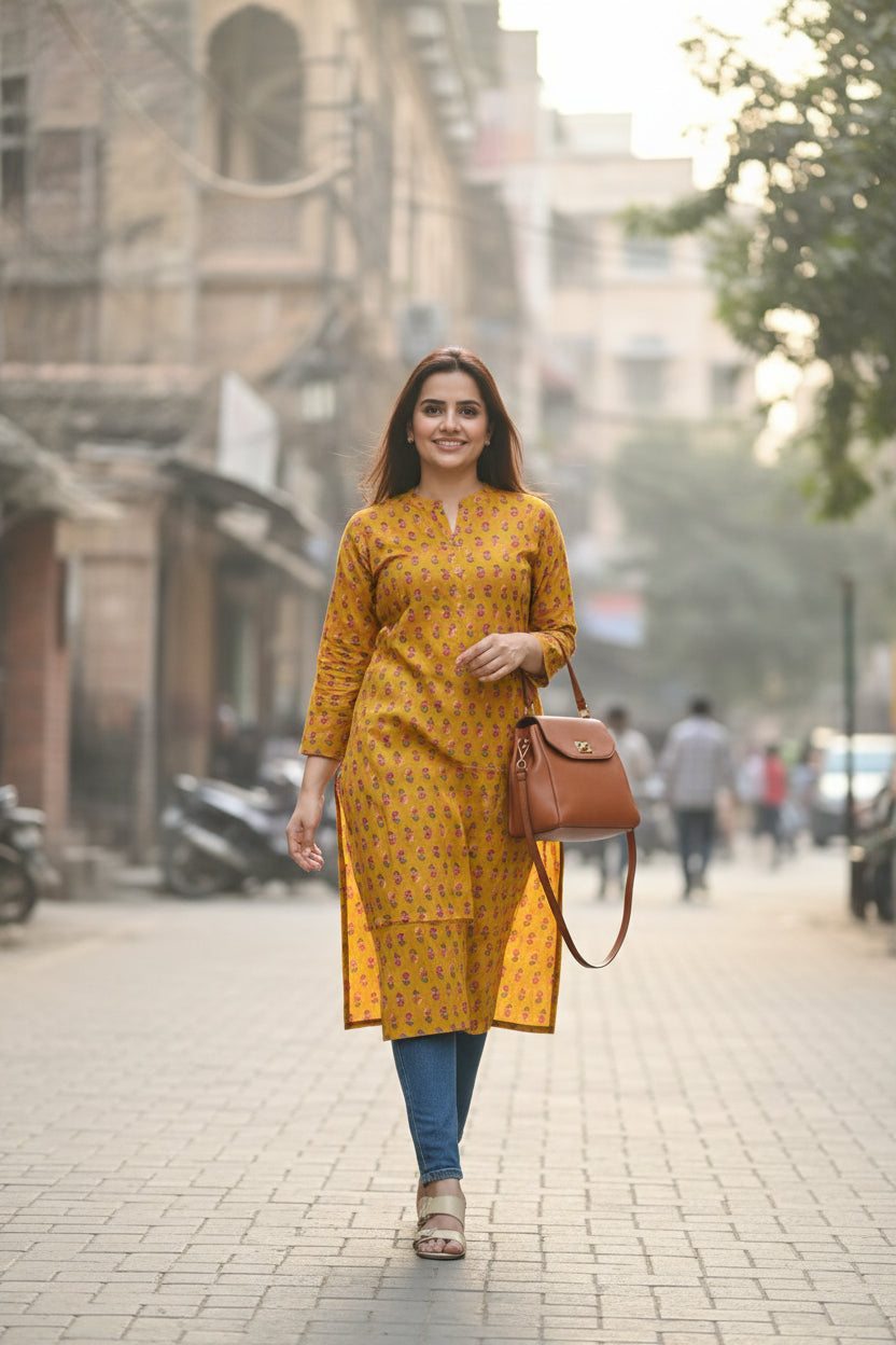 Yellow Floral Block Print Kurta
