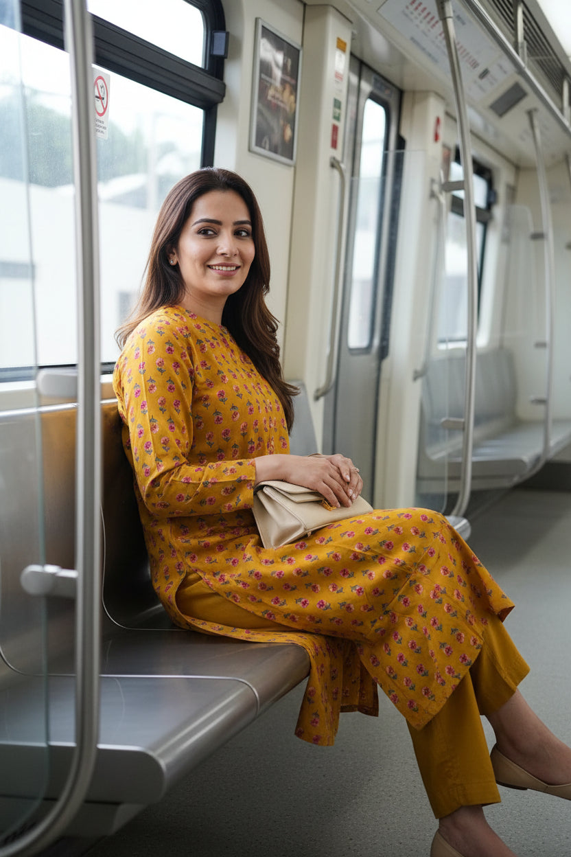 Yellow Floral Block Print Kurta