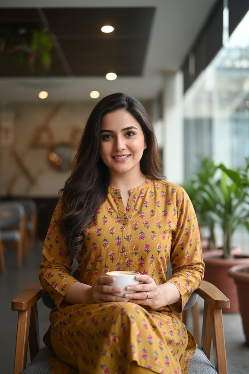 Yellow Floral Block Print Kurta